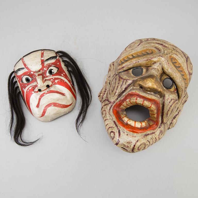 A group of dancing maskes, mostly Japanese Bugagku masks, Meiji period (1868-1912).
