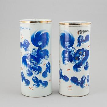 Two vases with buddhist lions in blue, China, 20th Century.