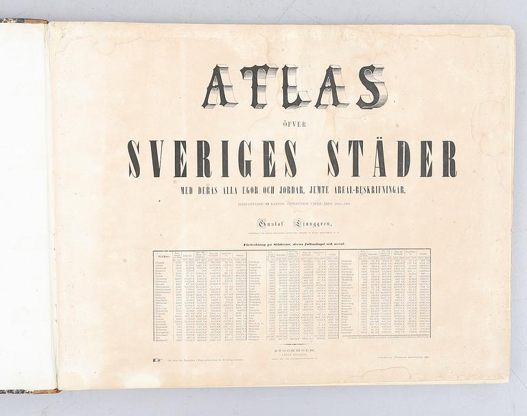 ATLAS, "Atlas öfver Sveriges Städer", Gustaf Ljunggren, (1817-1888), Högbergska Boktryckeriet, Stockholm 1862.