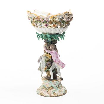 Meissen, A large polychrome reticulated porcelain basket on a pedestal with dancing figures, 19th century.