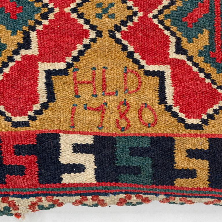 A double-interlocked tapestry carrige cushion, ca 64 x 57 cm, Scania, probably from the period 1780-1820.