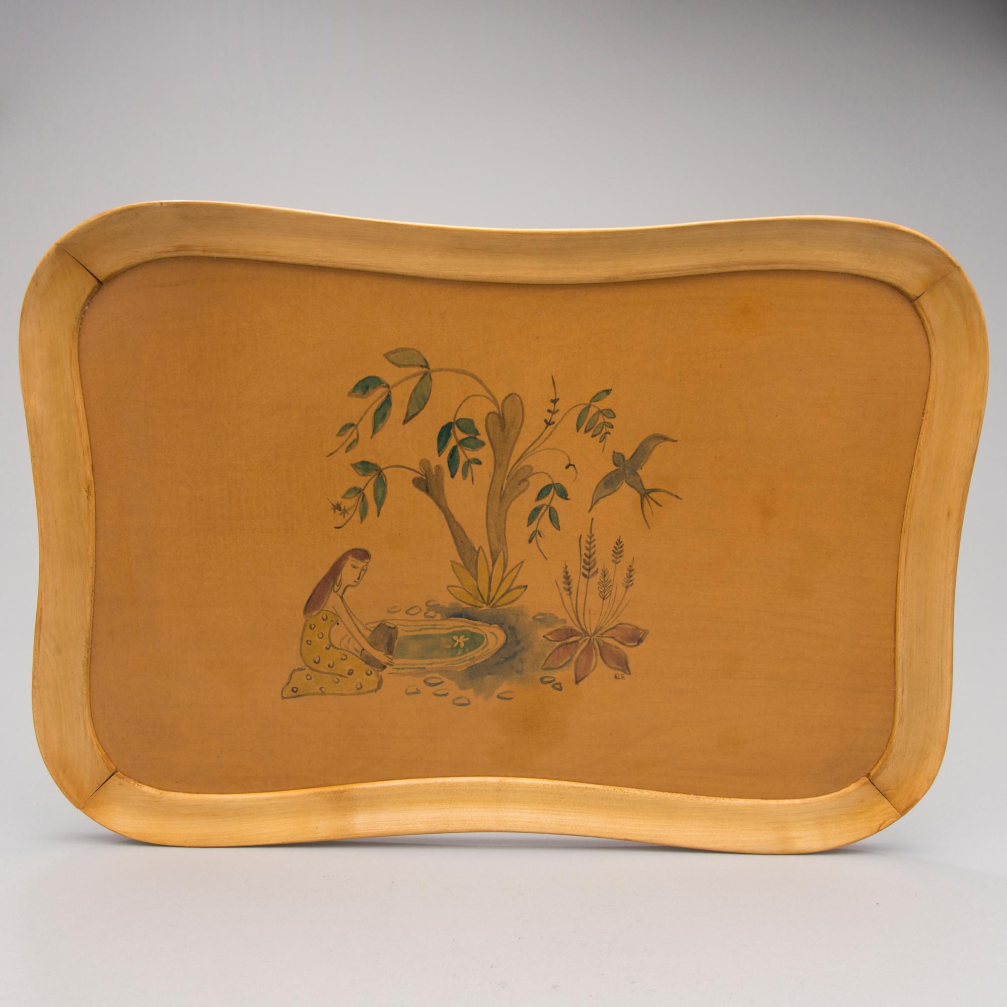 TAIDETARJOTIN, koivua ja koivuviilua, Hilkka-Liisa Ahola, signerad HLA, Soinne & Kni, 1900-luvun puoliväli.