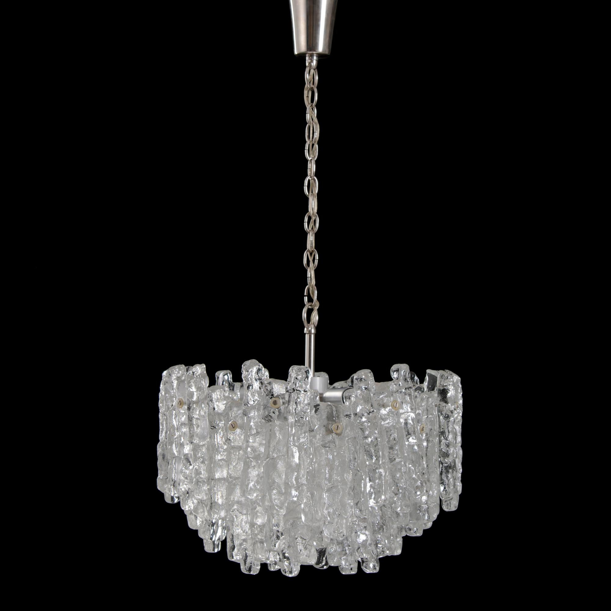 An Austrian 1960s Kalmar "Ice Block" chandelier with ice textured pieces of glass.