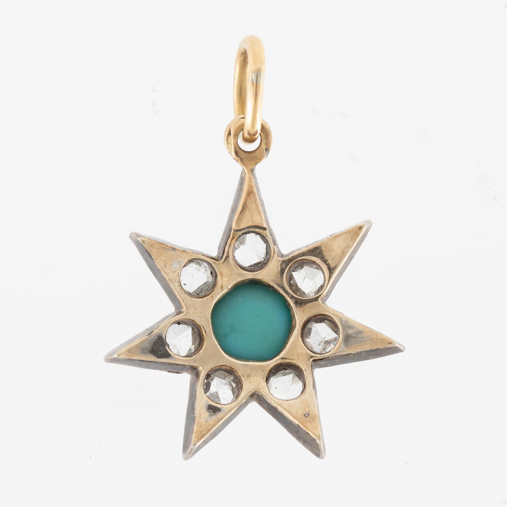 Pendant in silver and gold with a turquoise and rose-cut diamonds.