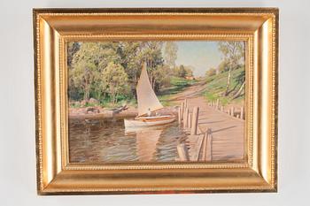 Johan Krouthén, Landscape with boys in sailing boat.