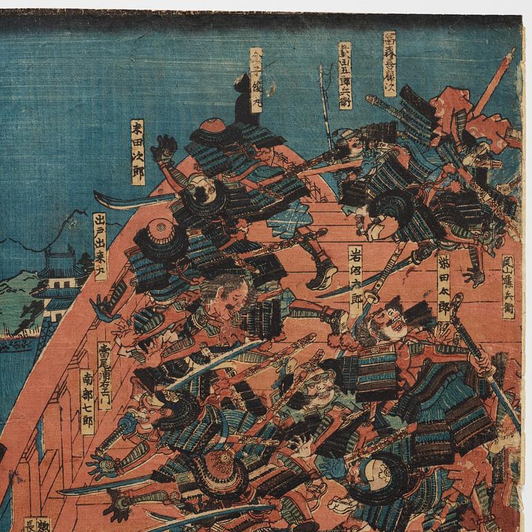 UTAGAWA YOSHITORA, färgträsnitt, triptyk, 2 st. Japan, sent 1800-tal.