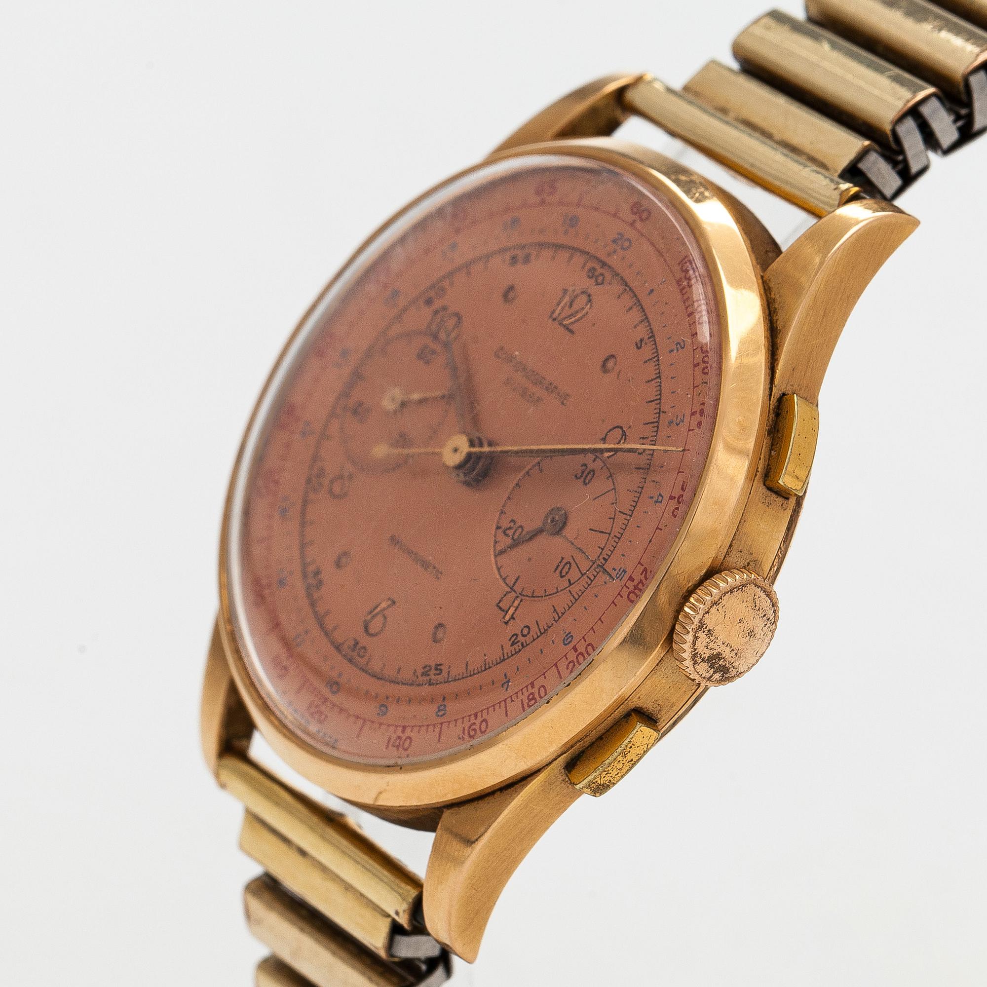 Chronographe Suisse, rannekello, 37,5 mm, 18K kultaa, manuaalinen, pleksilasi.