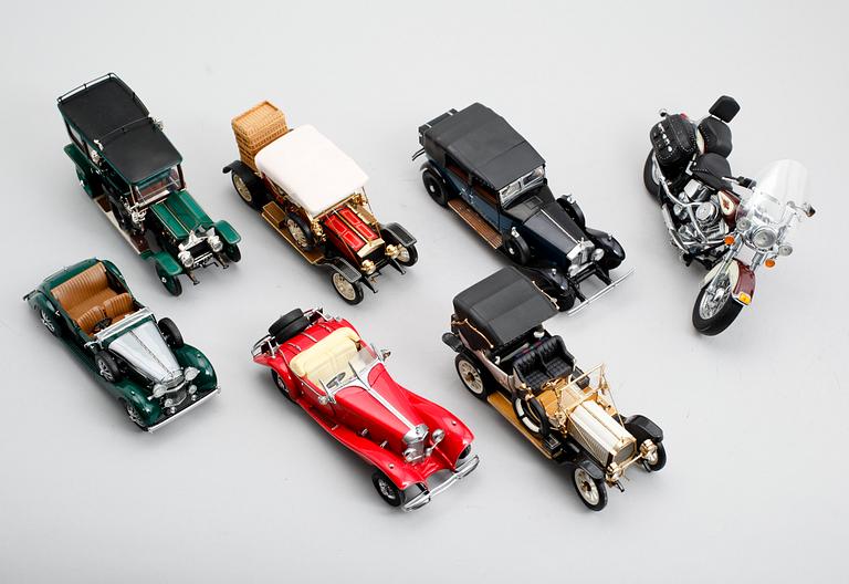 MODELLBILAR OCH MOTORCYKEL, 7 st, Franklin Mint, sent 1900-tal.