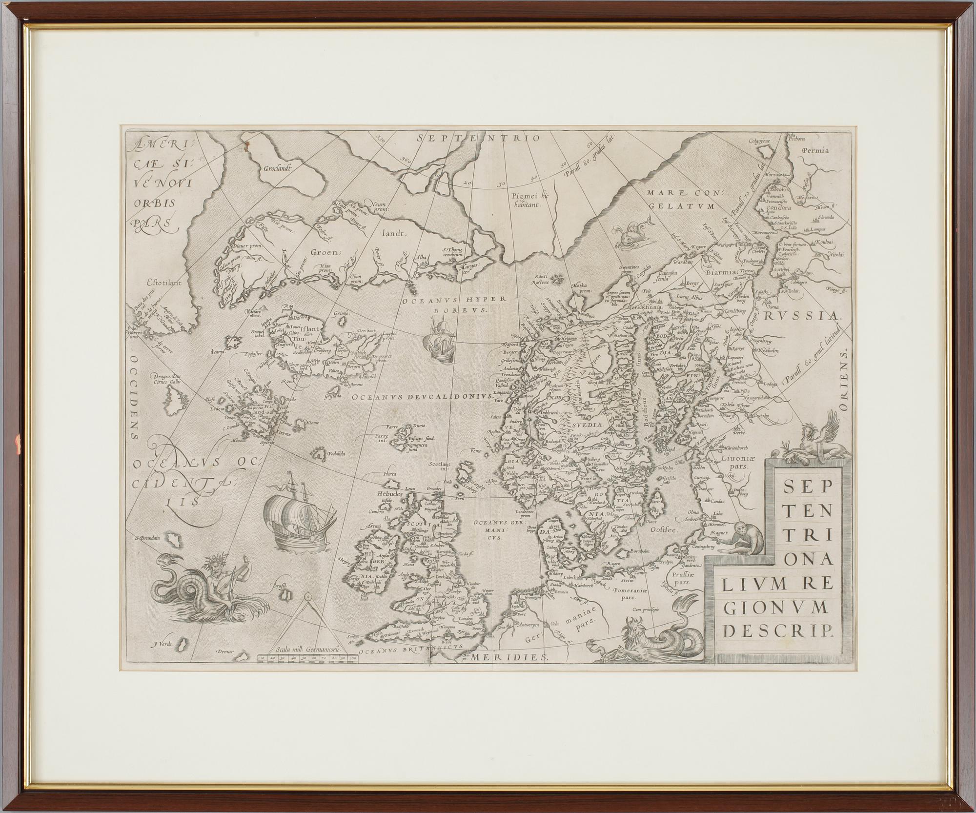 ABRAHAM ORTELIUS, kopparstick, "Scandia, Septentrionalium Regionum Descrip", Antwerpen och troligen 1580-tal.