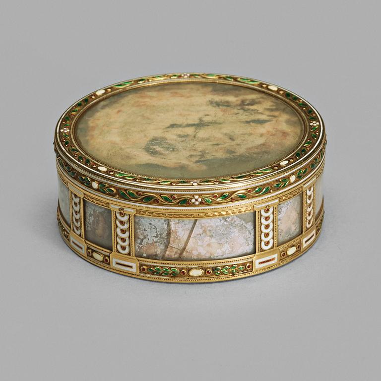 A Fabergé gold, enamel and miniature box, workmaster Henrik Wigstrom, St. Petersburg 1899-1908. Scratched inventory no.