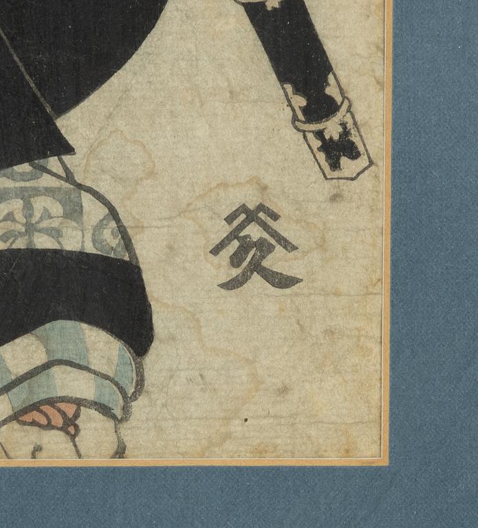Utagawa Kunisada, träsnitt, två stycken, Edo (1603-1868), 1800-tal.