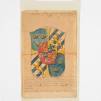 A watercolour, Sweden's Coat of Arms, dated 1765.