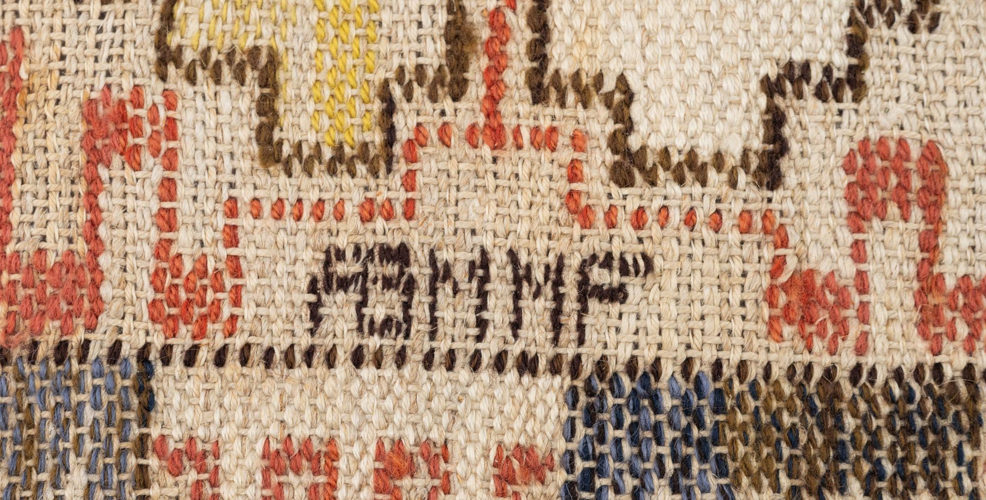 Märta Måås-Fjetterström, 'Grodblad blå', tapestry on linen foundation, c. 75 x 38 cm, signed AB MMF.