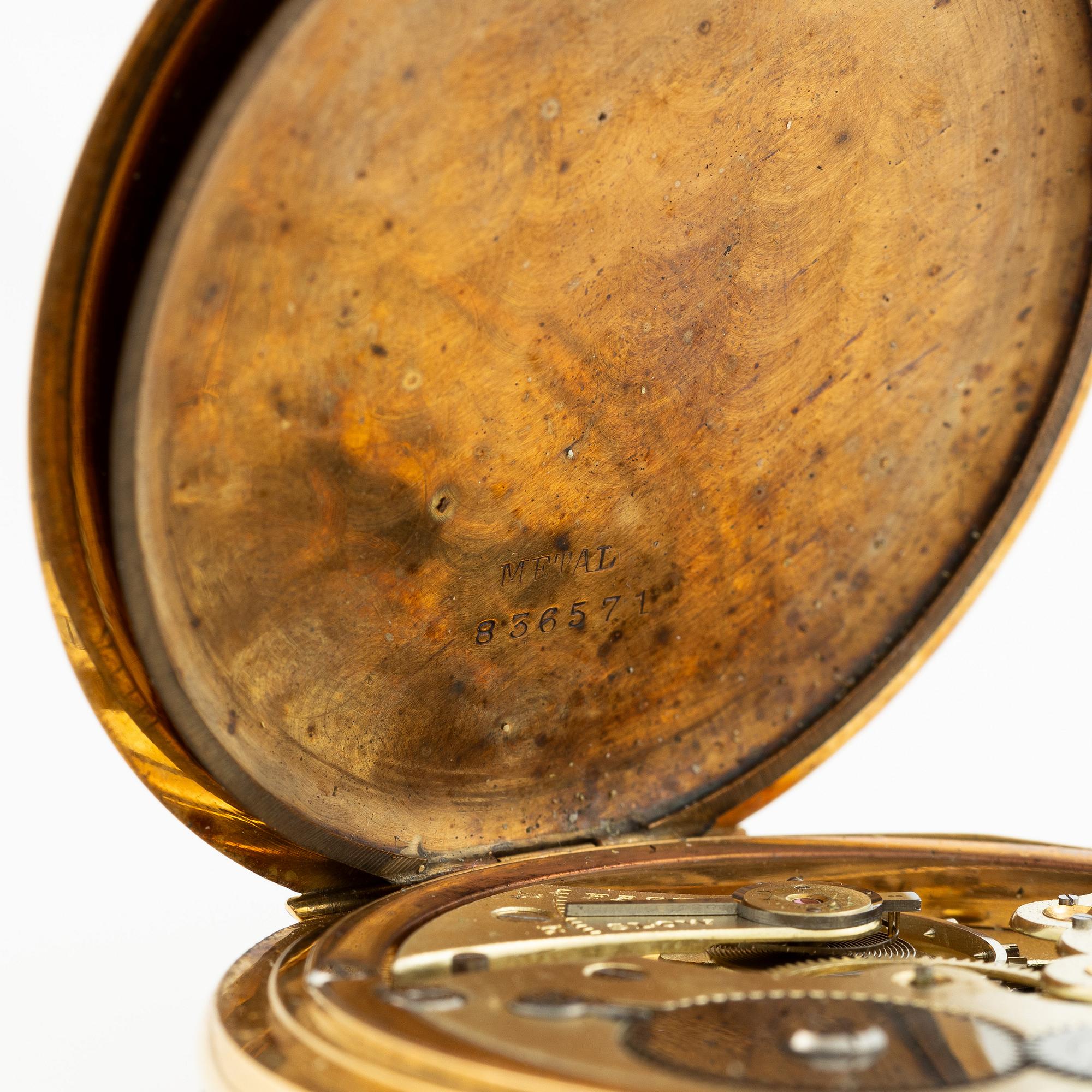 Pocket watch, hunter, 18K gold, chain 18K gold, 55 mm.