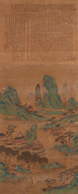 A Chinese scroll painting, ink and colour on paper, Qing dynasty after Wen Zhenming.