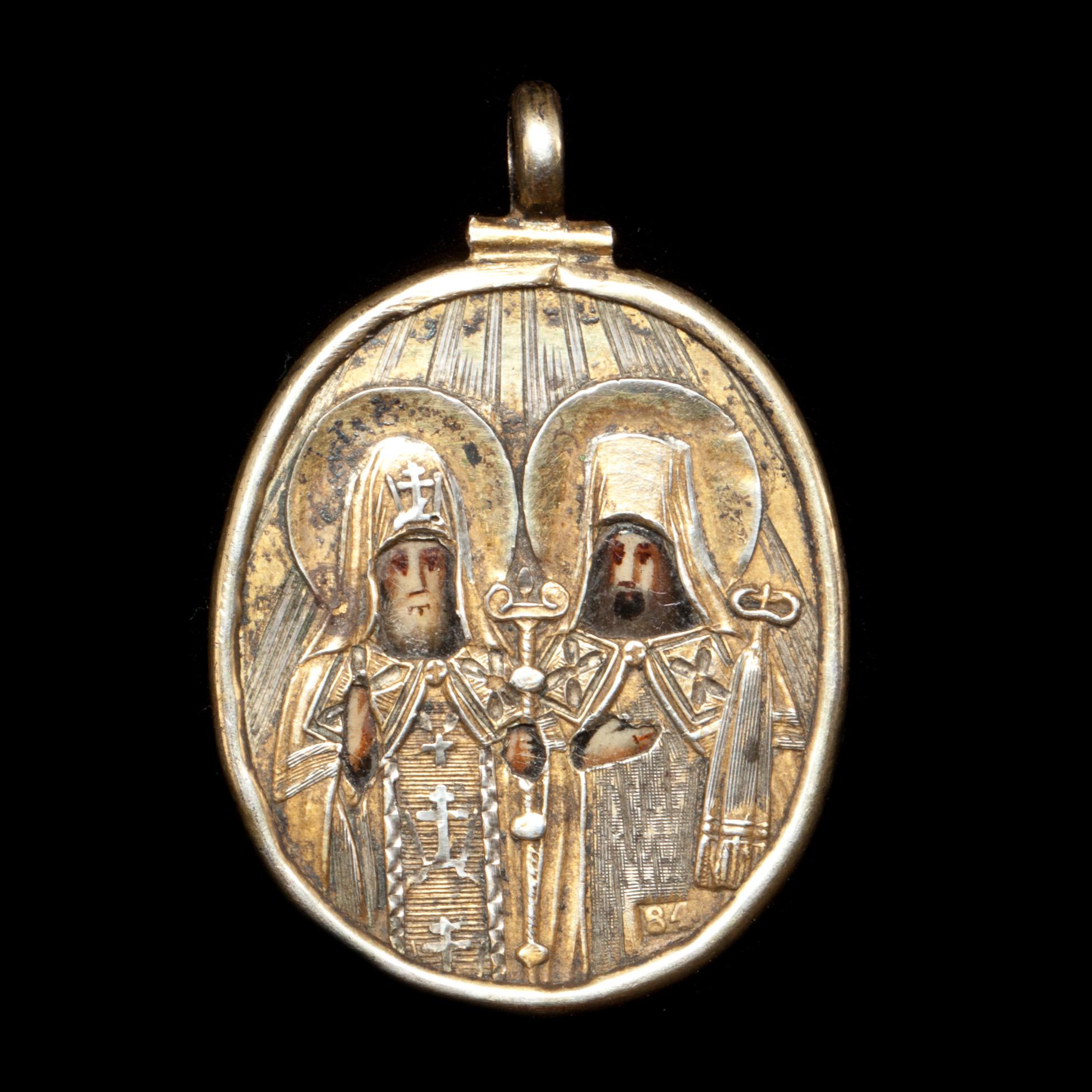 MINIATYRIKON/HÄNGE, förgyllt silver. 1800-talets andra hälft. Ryssland.