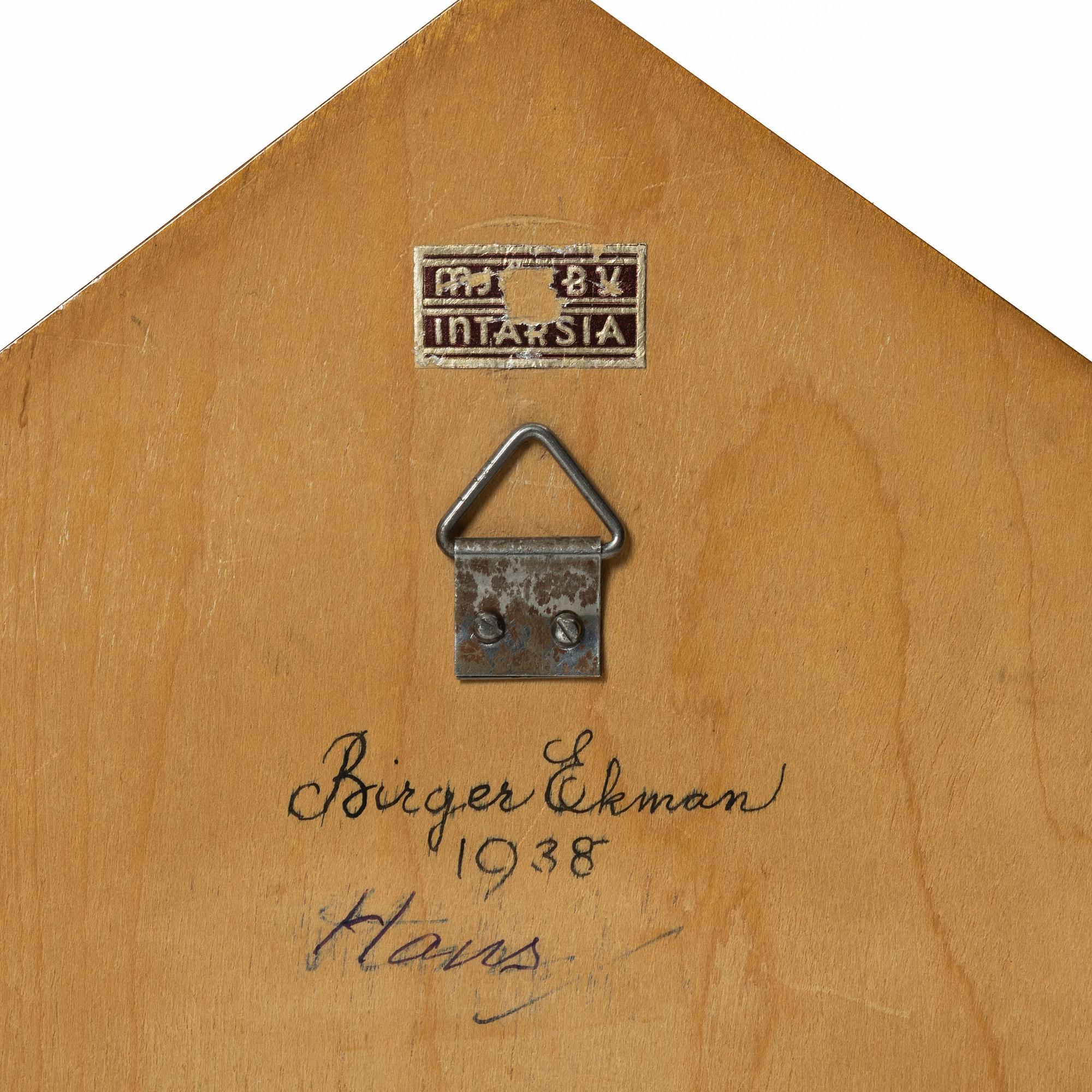 Birger Ekman, wall-mounted plaque, Mjölby Intarsia, Sweden, 1938.
