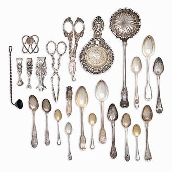 Cutlery, tea strainer, bookmarks etc., 24 pieces, silver, 19th-20th century.