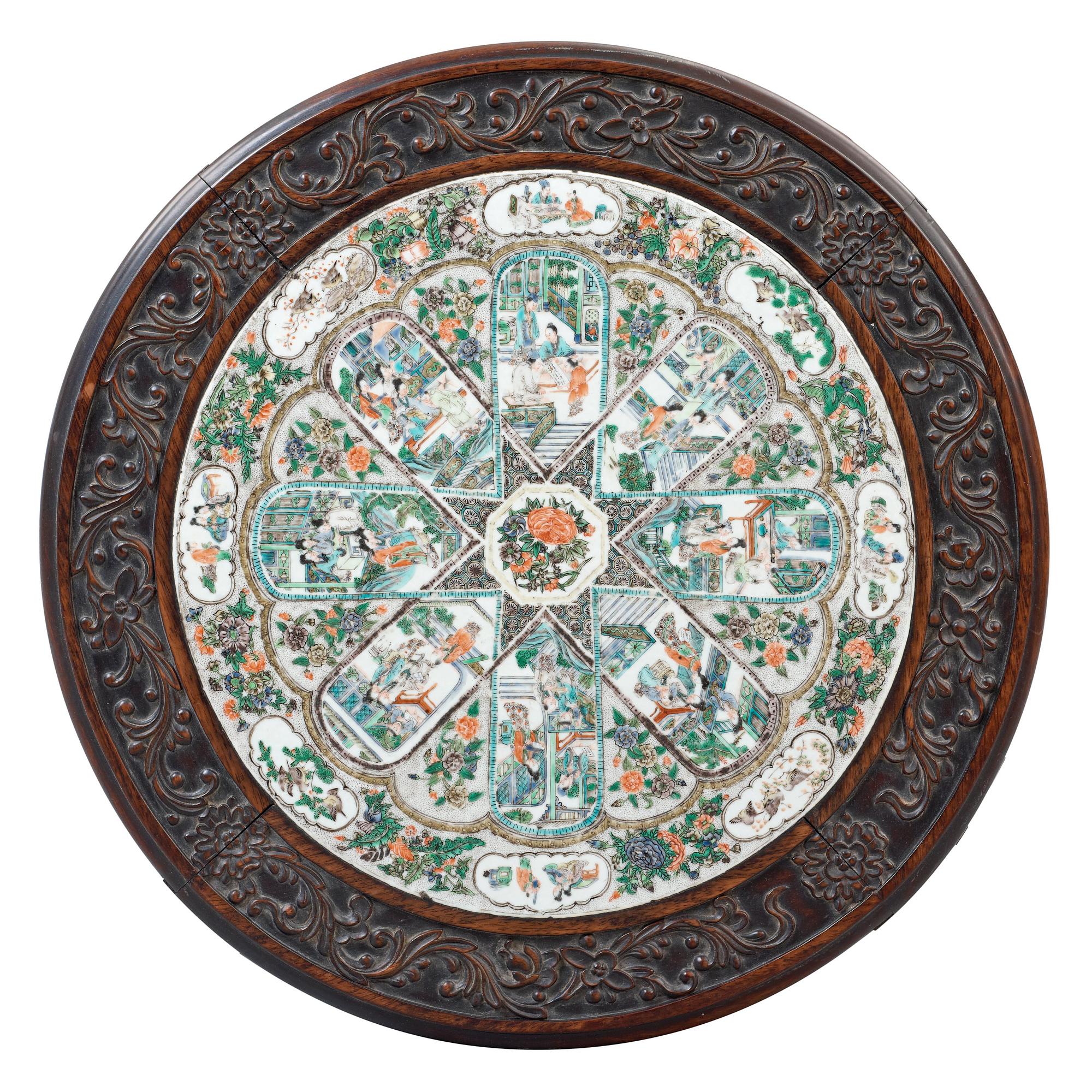 A hardwood and porcelain plaquette in famille verte  table, Qing dynasty 19th century.