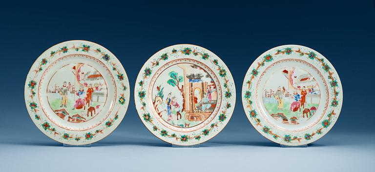 A set of three famille rose dinner plates, Qing dynasty, Qianlong (1736-95).