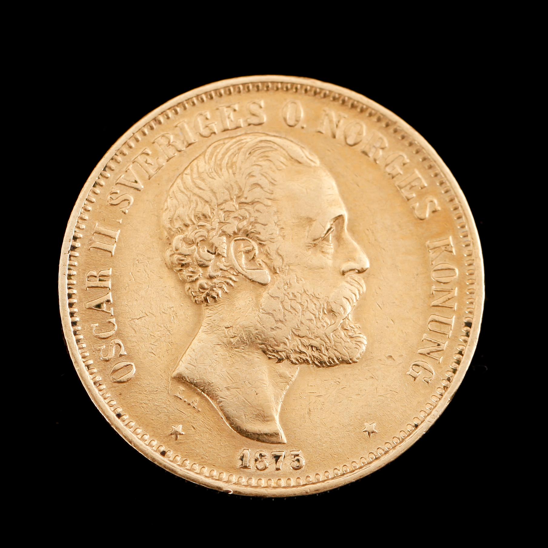 GULDMYNT, 20 kronor, Oscar II, 1875.  Vikt ca 9 gram.