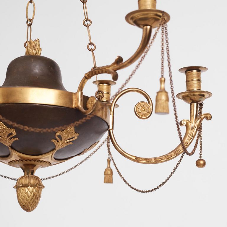 A late Gustavian ormolu and patinated bronze six-branch chandelier, Stockholm circa 1800.