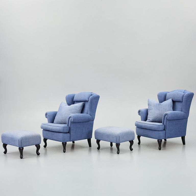 Fåtöljer ett par, med fotpallar, Bröderna Andersson.