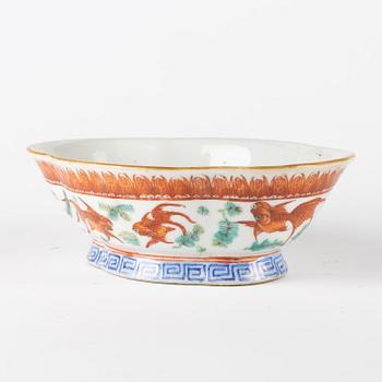 Two famille rose stemcups and a bowl, Qing dynasty, 19th century.