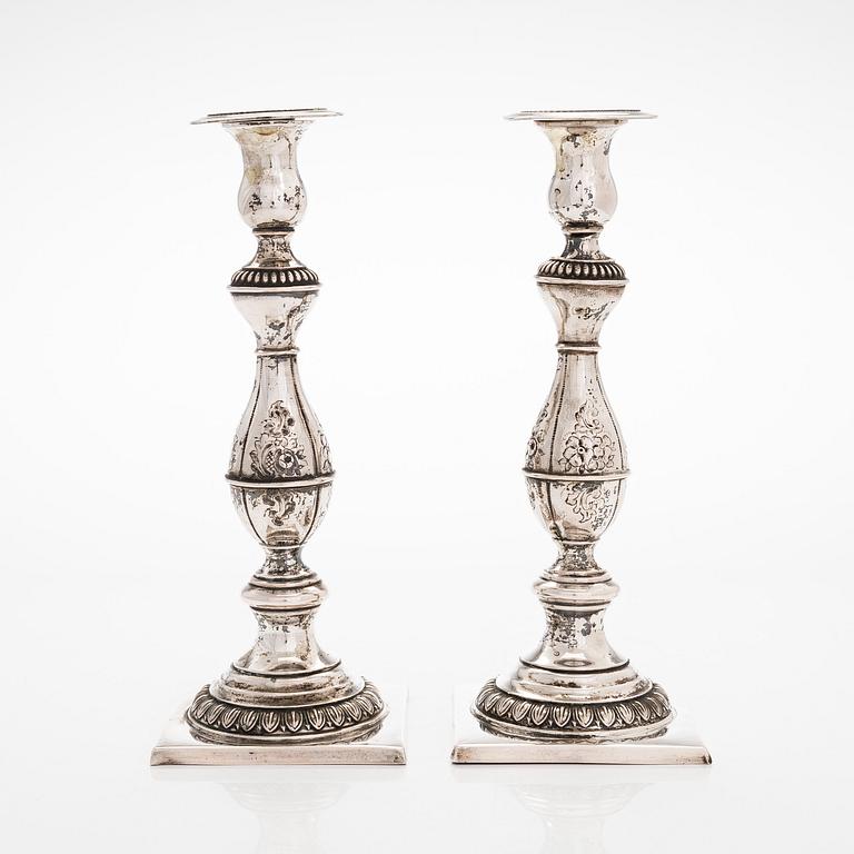 A pair of Sabbath candlesticks in low-grade silver, Poland. Unidentified makers mark.