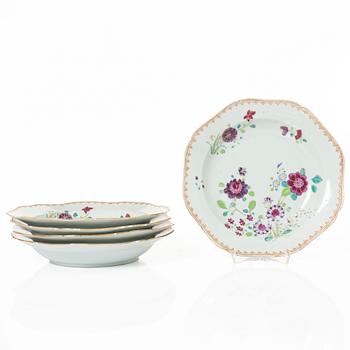 Five porcelain plates, China, Qing dynasty, Qianlong 1736-95.