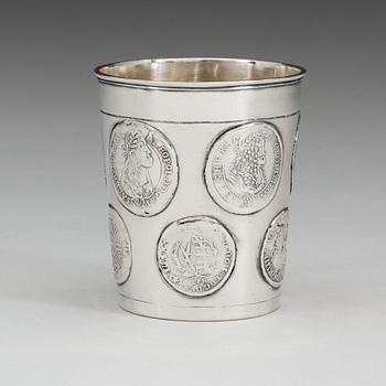 A Austrian-Hungarian early 18th century parcel-gilt beaker, unmarked.