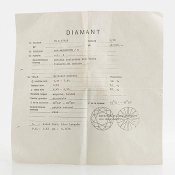 Ring, Gübelin, solitär, vitguld med briljantslipad diamant, ca 1,58 ct.