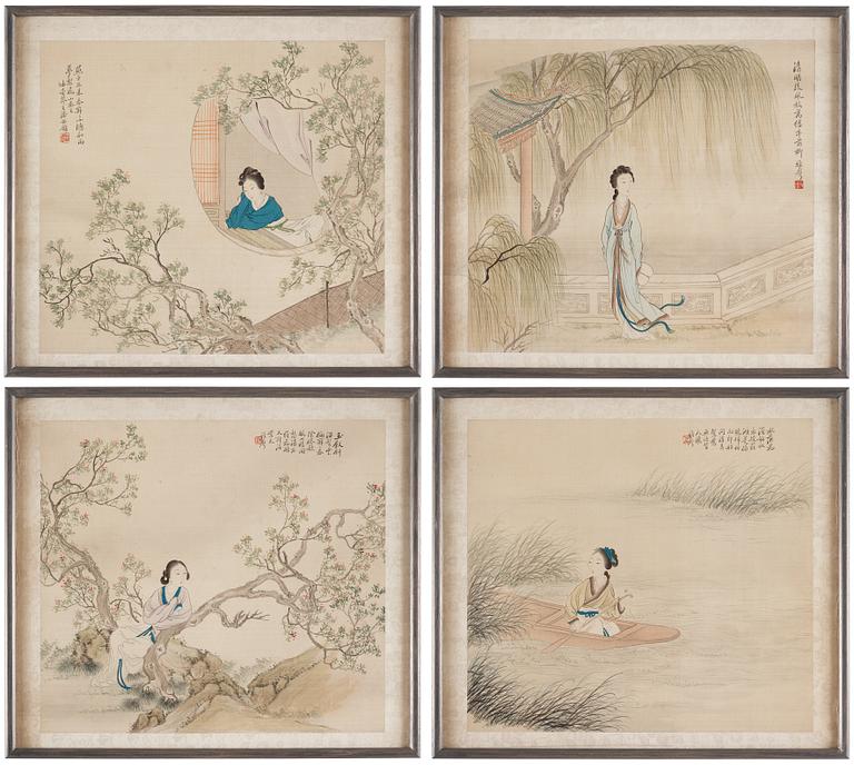 MÅLNINGAR, fyra stycken, akvarell och tusch på silke, sen Qingdynasti, attibuerad till Pan Zhenyong (1852-1921).