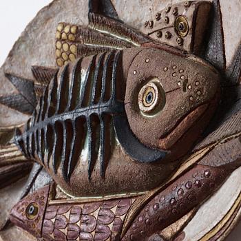 Tyra Lundgren, a stoneware relief 'The Skeleton fish', Sweden 1950's.