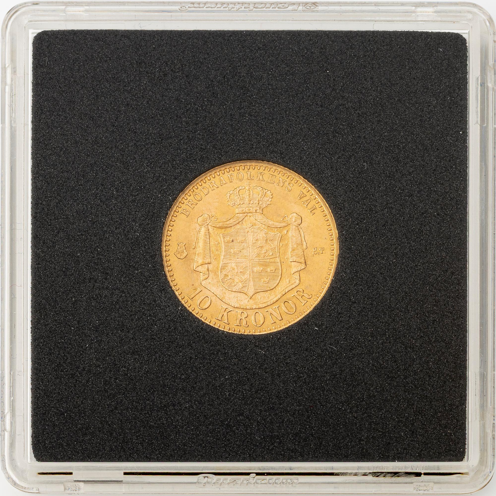 Gold coin, Oscar II, 10 kronor, type I, Sweden 1874.