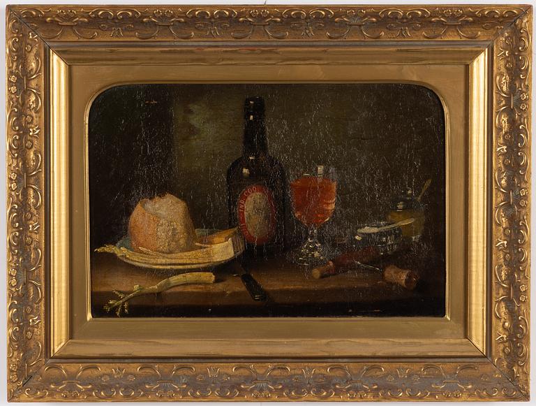 Okänd konstnär, 1800-tal, Stilleben med bröd, glas, kniv och butelj.