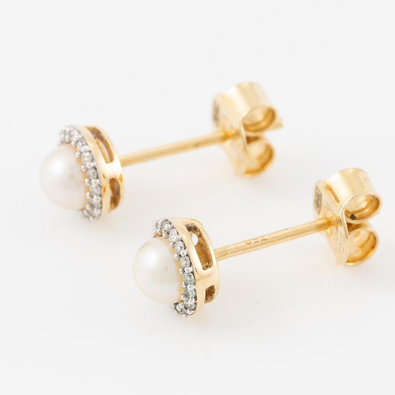 Earrings, a pair, 18K gold with pearls and small diamonds.