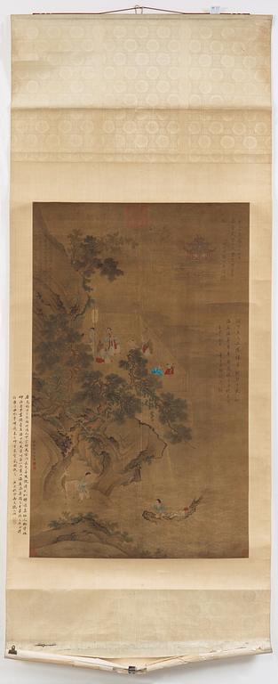 A hanging scroll of a landscape with figures, in the style of the Tang artist Zhu Niching, Qing dynasty, 19th century.