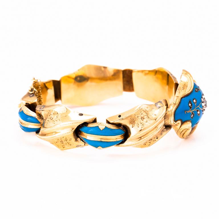 ARMBAND, guld, emalj, gammalslipad diamant och rosenslipade diamanter tot ca 0.4 ct. Ryssland 1800-tal.