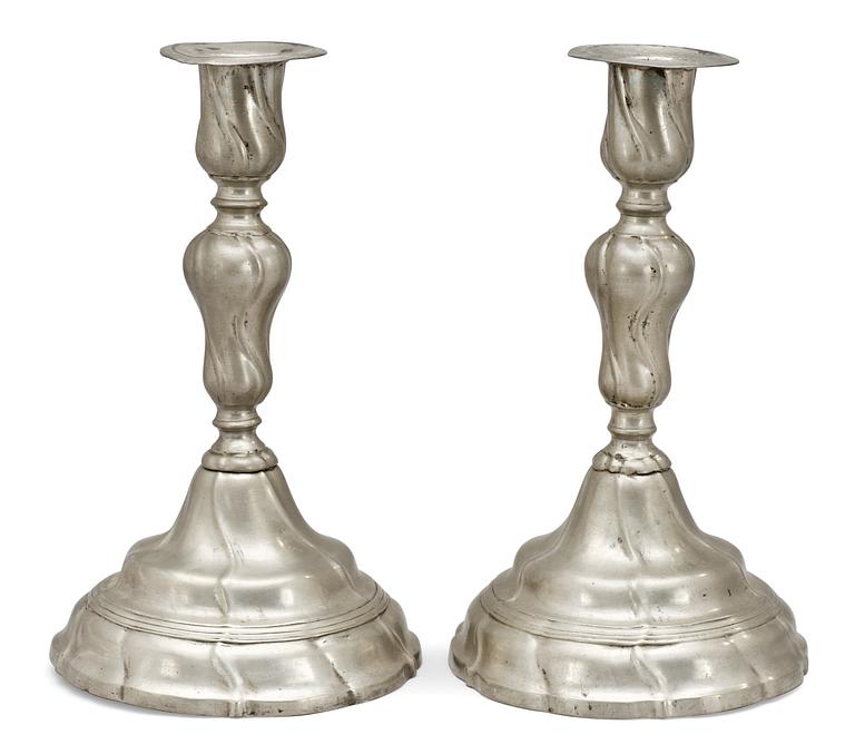 A pair of Rococo pewter candlesticks by Gudmund Östling 1786.