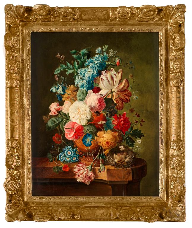 Paul Theodor van Brussel Äldre kopia efter, Stilleben med blommor, insekter och rede.