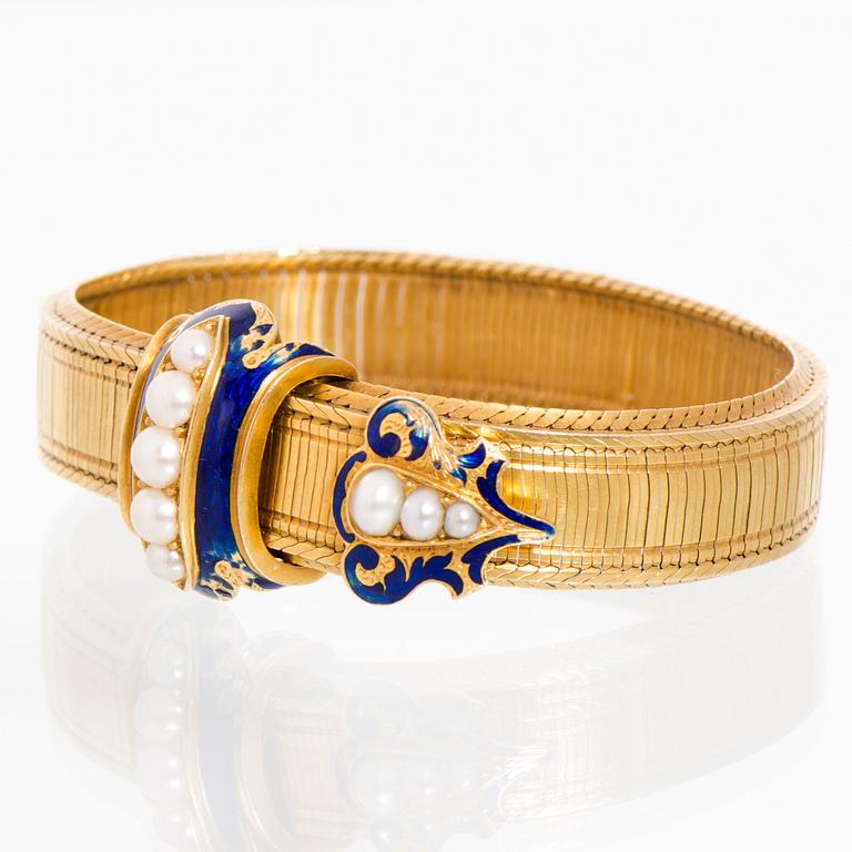 ARMBAND, emalj, pärlor, 18K guld, sent 1800-tal.