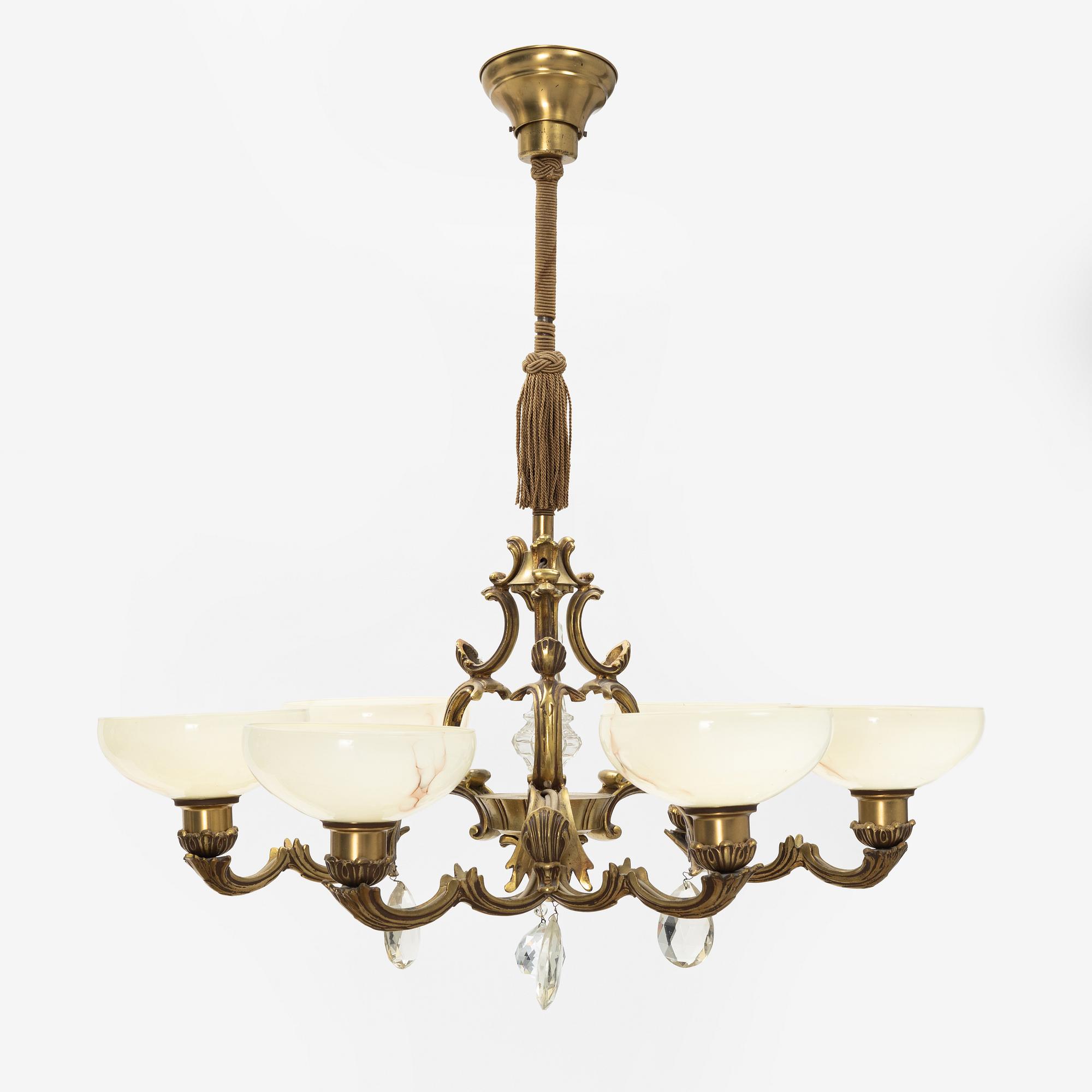 A glass and brass ceiling light, first half of the 20th Century.