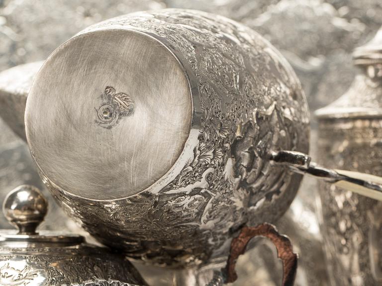 KAFFESERVIS, silver, 5 delar, utländska stämplar, Orienten.  1940-tal. Vikt ca 1580 g.