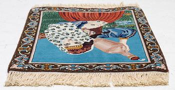 An oriental, figural rug, c. 64 x 50 cm.