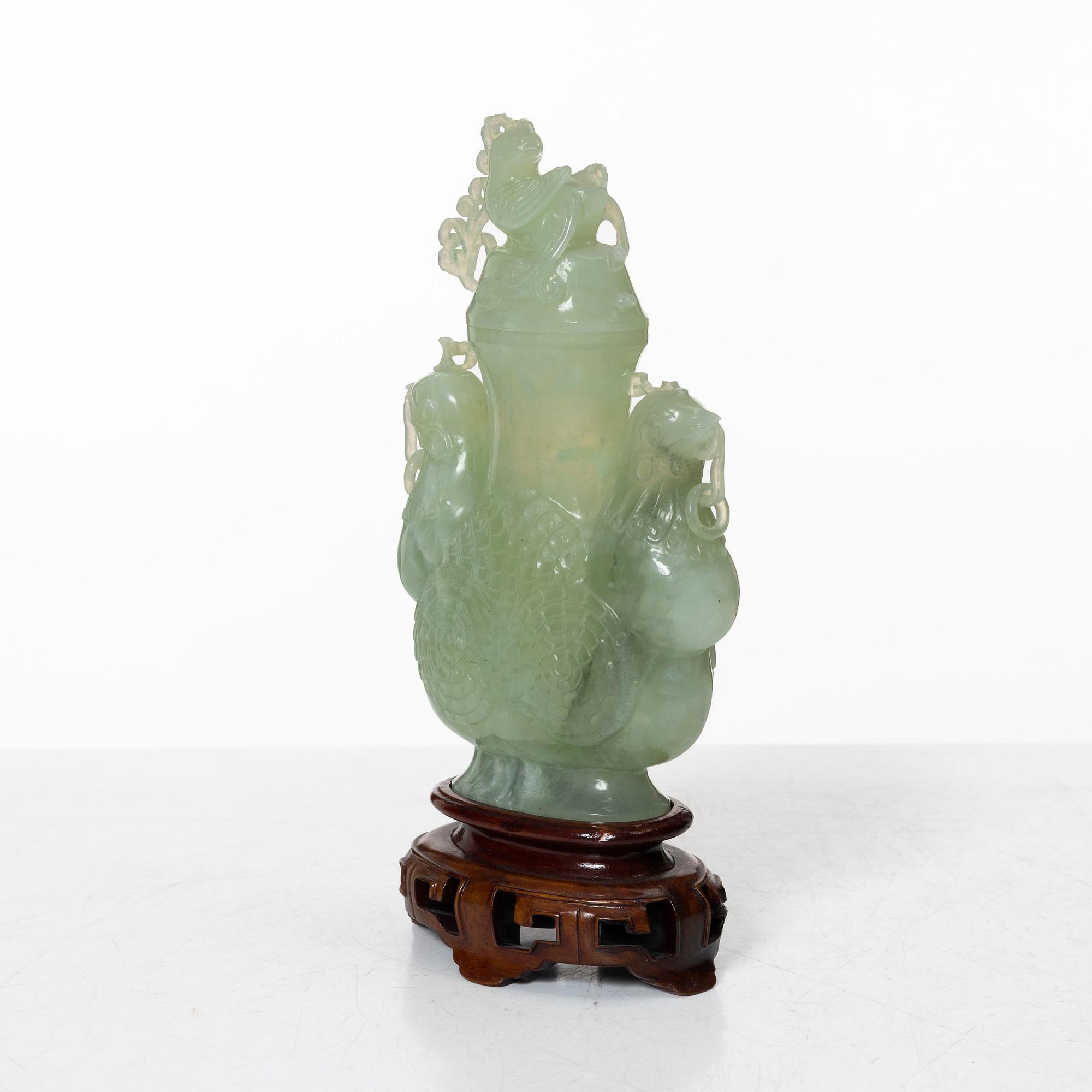 A Chinese urn with cover / censer, green stone, 20th century.