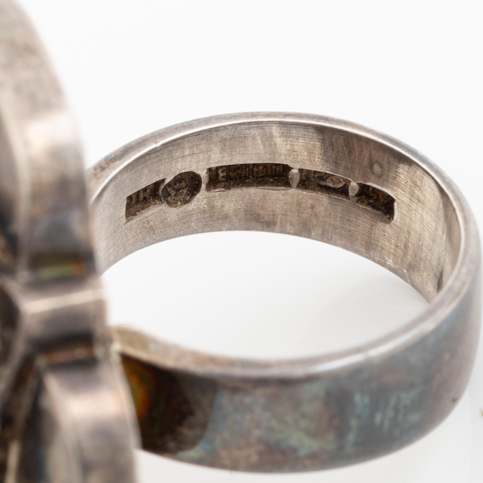 Two rings, silver with turquoise-coloured stones, KI Johansson, Gothenburg 1968 and Finland.