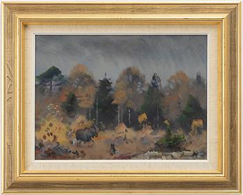Lindorm Liljefors, Autumn landscape with moose and dog.