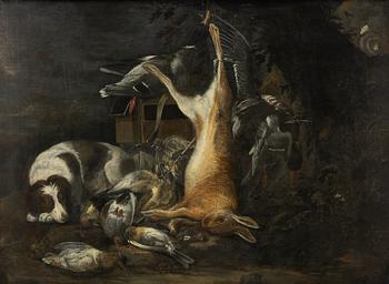 Dirk Valkenburg, tillskriven. Jaktstilleben med hund och fåglar.