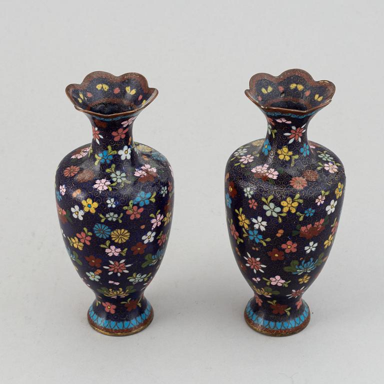 A pair of cloisonne vases, Japan, early 20th Century. And a Chinese cloionne box with cover.